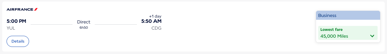 Air France business class award from YUL-CDG for 45,000 miles